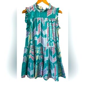 Pinch Anthro teal & mlti babydll ruff tier slvlss mini drss w nk&slv ruffl SZ S